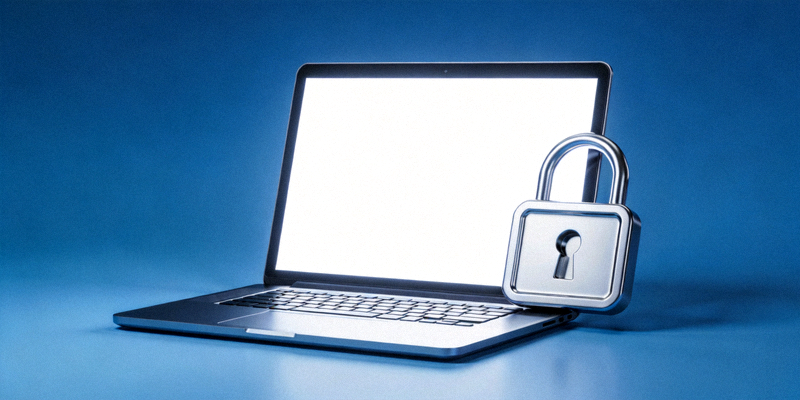 안전한 인터넷 이용을 상징하는 이미지 - 자물쇠 아이콘과 노트북 컴퓨터