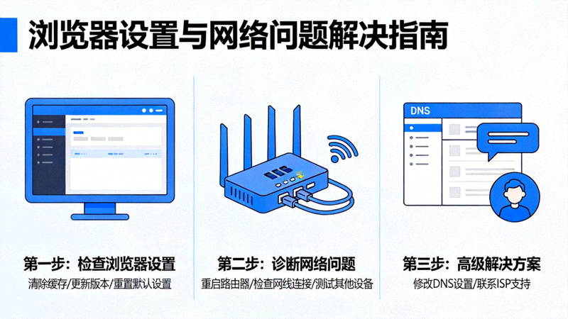 브라우저 설정을 확인하고 네트워크 문제를 해결하는 단계를 보여주는 기술 지원 개념 이미지