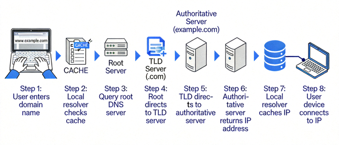 DNS 작동 원리를 설명하는 인포그래픽 - 도메인 이름이 IP 주소로 변환되는 과정을 단계별로 그림으로 표현