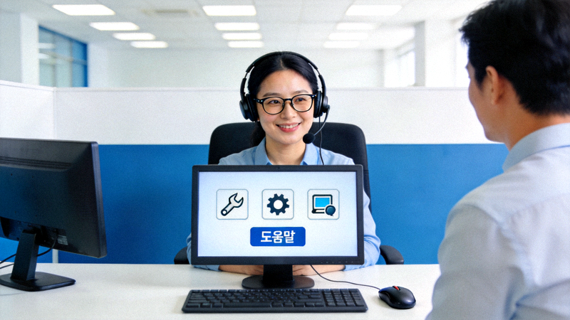 기술 지원을 나타내는 이미지 - 헤드셋을 쓴 지원 상담원과 컴퓨터 모니터