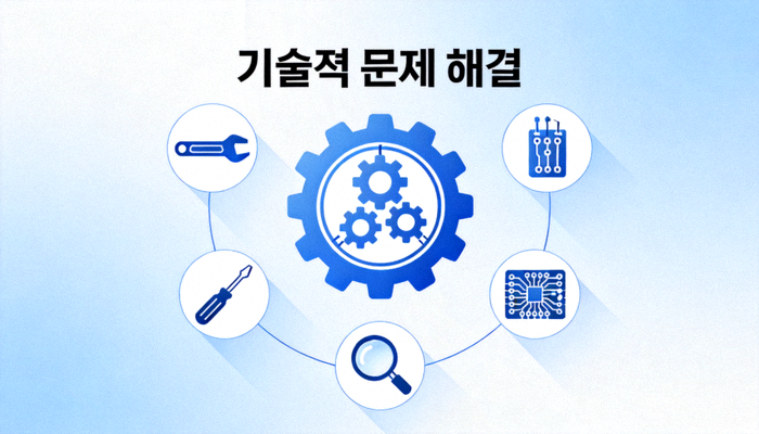 기술적 문제 해결을 설명하는 이미지 - 기술 지원을 상징하는 톱니바퀴와 도구 아이콘