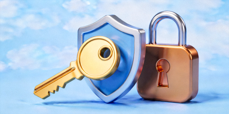 자물쇠, 방패, 키 아이콘과 함께 안전한 인터넷 이용을 상징하는 그래픽 이미지