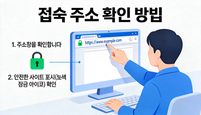 접속 주소 확인 방법 설명 이미지 - 주소창을 확인하는 사람과 안전한 사이트 표시