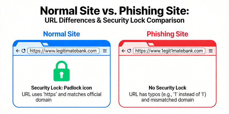 정상 사이트와 피싱 사이트의 URL 차이점과 보안 자물쇠 표시를 비교하는 안내 이미지
