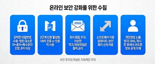 온라인 보안을 강화하기 위한 다양한 수칙을 설명하는 인포그래픽 이미지