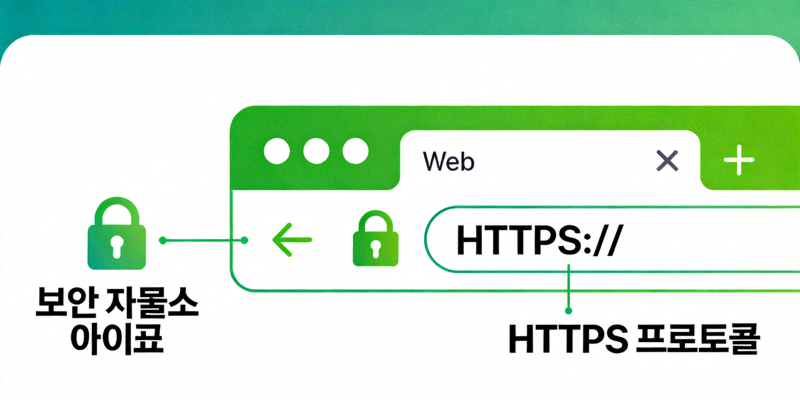 웹브라우저 주소창에서 보안 자물쇠 아이콘과 HTTPS 프로토콜이 강조된 설명 이미지